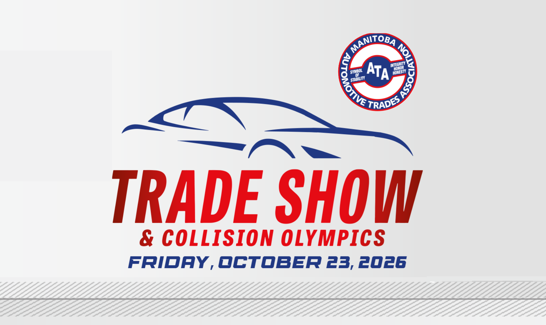 Trade Show & Collision Olympics event poster featuring stylized car silhouette, ATA logo, scheduled for Friday, October 23, 2026