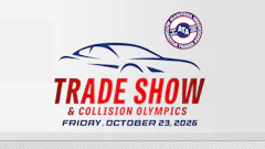 Trade Show & Collision Olympics event poster featuring stylized car silhouette, ATA logo, scheduled for Friday, October 23, 2026