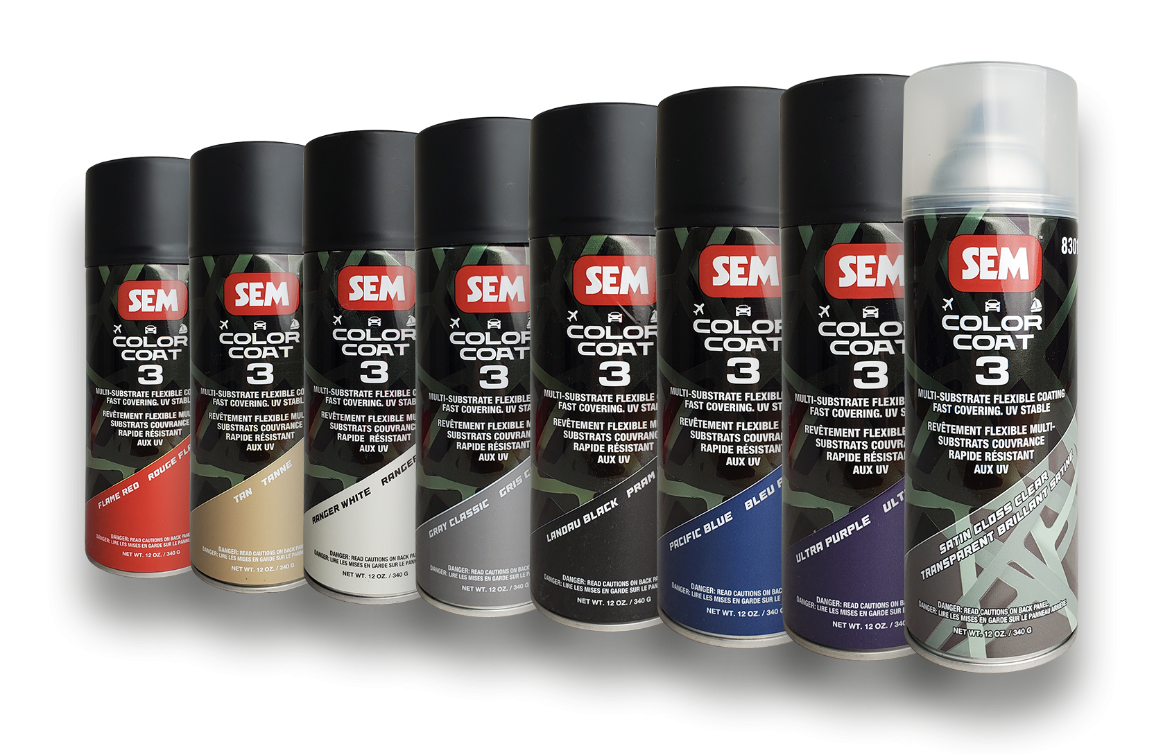 SEM ColorCoat 3 spray paint cans in multiple colors including red, tan, white, gray, black, blue, and purple
