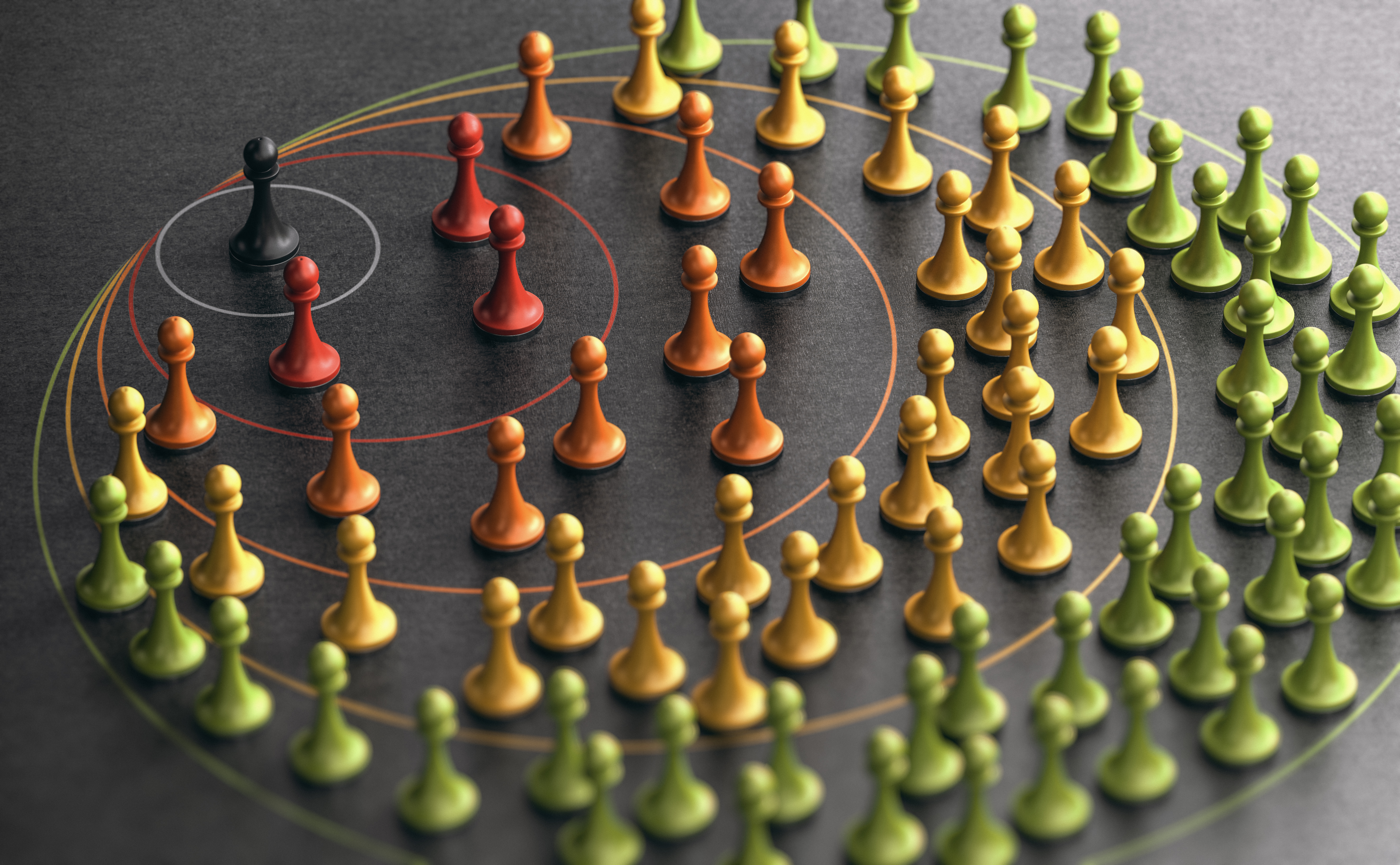 Colorful game pieces arranged in concentric circles with connecting lines representing organizational hierarchy or network structure
