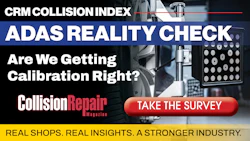 CRM Collision Index ADAS reality check survey promotion featuring automotive calibration equipment and Collision Repair Magazine branding
