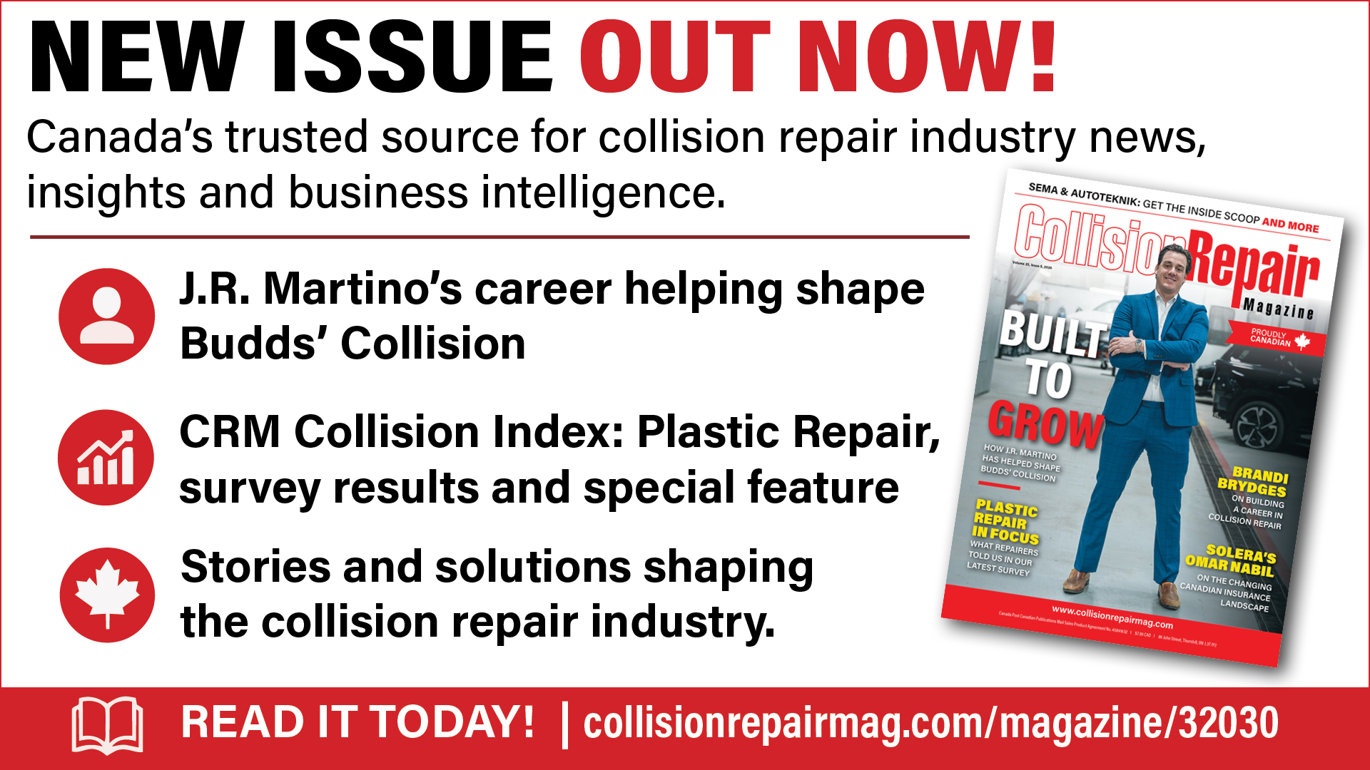 Collision Repair Magazine new issue advertisement featuring J.R. Martino career profile and CRM Collision Index survey results
