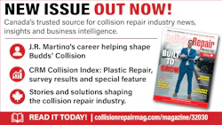 Collision Repair Magazine new issue advertisement featuring J.R. Martino career profile and CRM Collision Index survey results