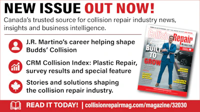 Collision Repair Magazine new issue advertisement featuring J.R. Martino career profile and CRM Collision Index survey results