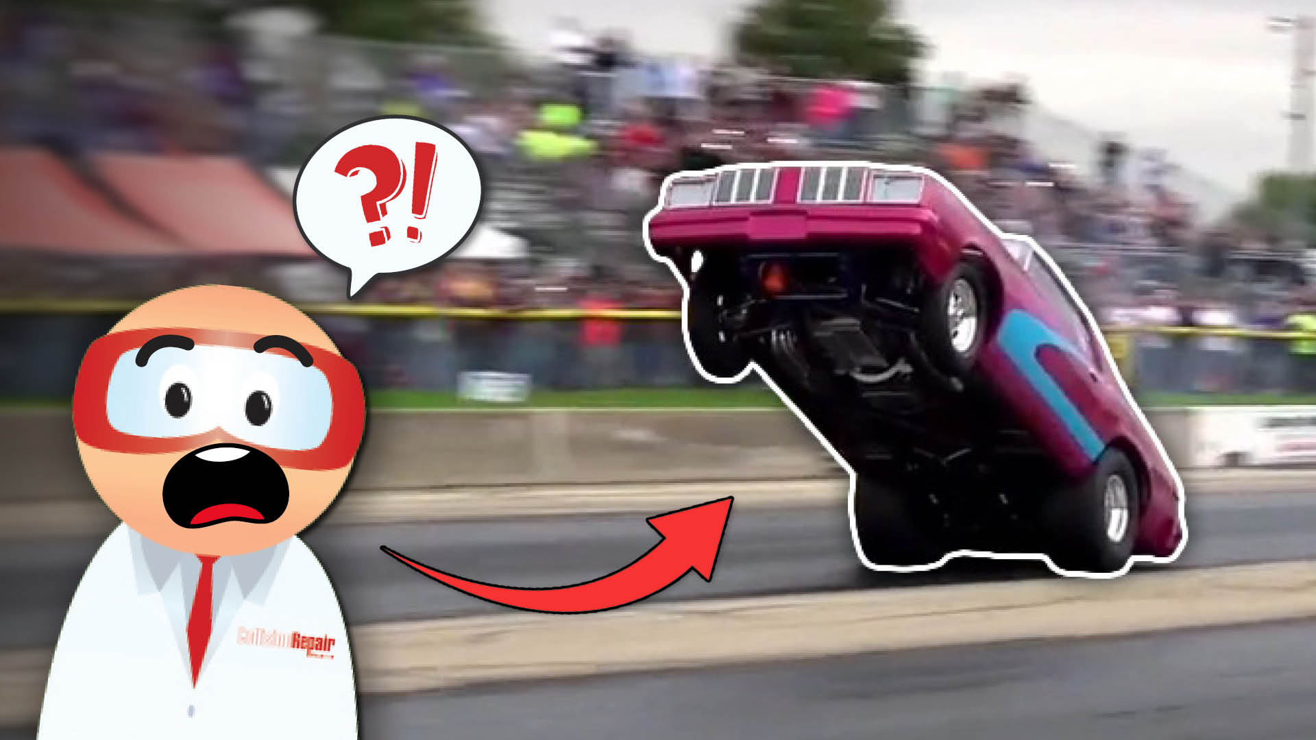 Cartoon character with surprised expression and question mark reacting to drag racing car performing wheelie at track