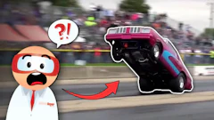 Cartoon character with surprised expression and question mark reacting to drag racing car performing wheelie at track