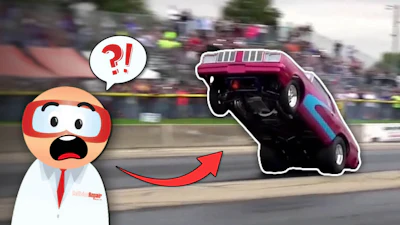 Cartoon character with surprised expression and question mark reacting to drag racing car performing wheelie at track
