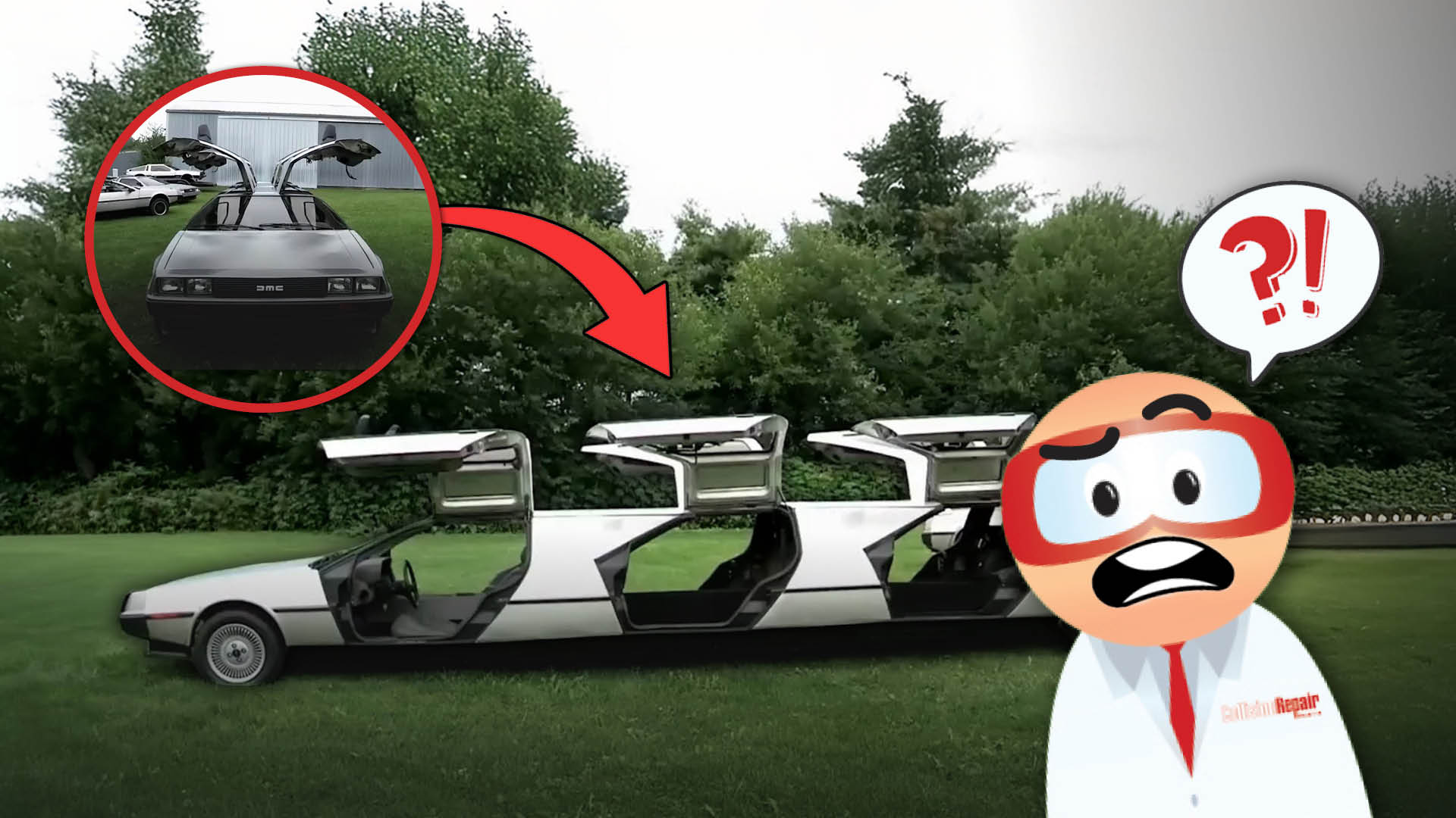 Humorous illustration of an extended white car with turntable components, cartoon character questioning the design concept