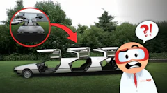 Humorous illustration of an extended white car with turntable components, cartoon character questioning the design concept