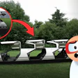 Humorous illustration of an extended white car with turntable components, cartoon character questioning the design concept