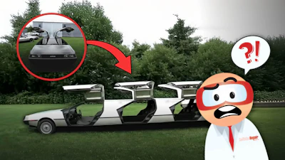 Humorous illustration of an extended white car with turntable components, cartoon character questioning the design concept