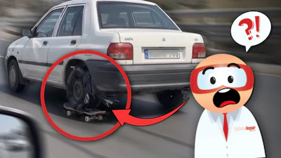 White Skoda car on highway with close-up of damaged wheel circled in red, cartoon mechanic character with question mark