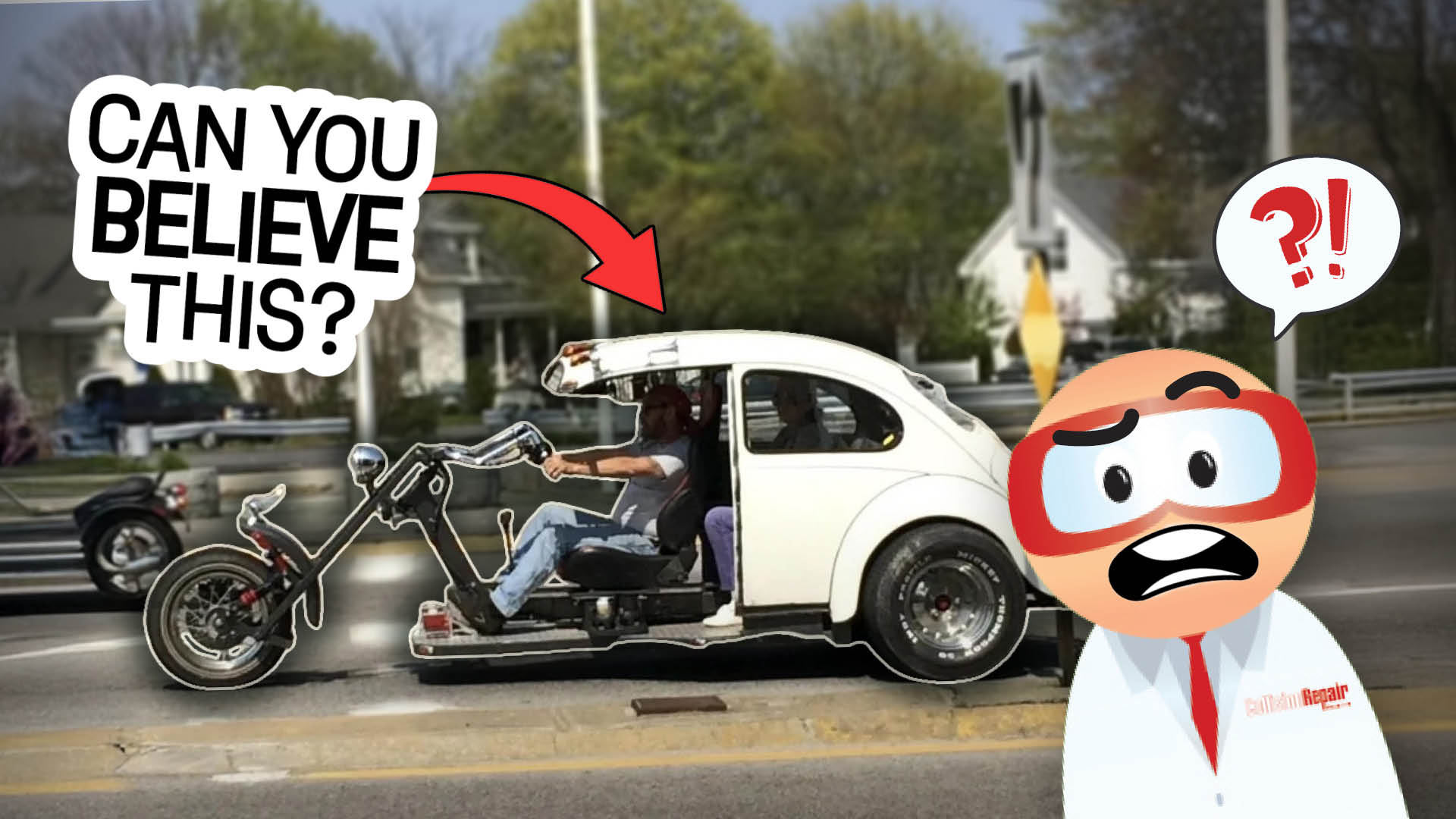 Humorous meme showing modified car with motorcycle parts and shocked cartoon mascot reacting with question mark