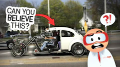 Humorous meme showing modified car with motorcycle parts and shocked cartoon mascot reacting with question mark