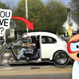 Humorous meme showing modified car with motorcycle parts and shocked cartoon mascot reacting with question mark