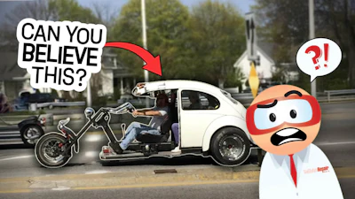 Humorous meme showing modified car with motorcycle parts and shocked cartoon mascot reacting with question mark
