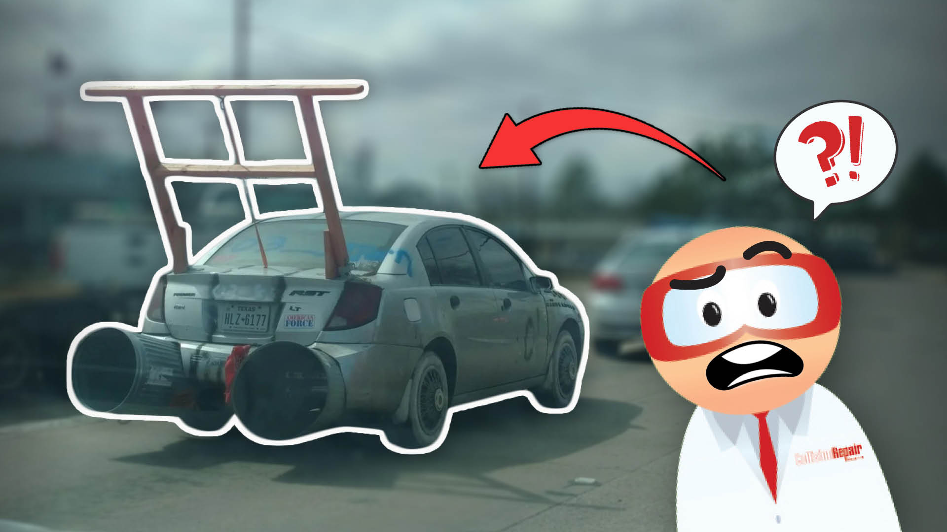 Cartoon character expressing shock at car loaded with shopping cart on highway