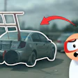 Cartoon character expressing shock at car loaded with shopping cart on highway