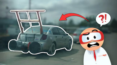 Cartoon character expressing shock at car loaded with shopping cart on highway
