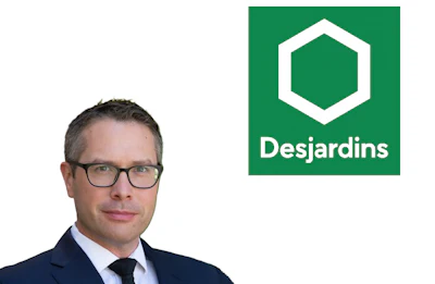 Professional man in glasses and business suit with Desjardins logo