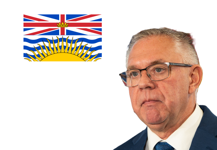 British Columbia flag alongside professional portrait of an older man in business attire wearing glasses
