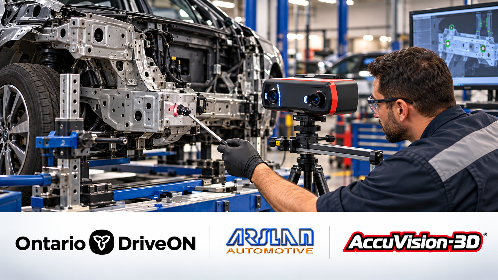 Technician using 3D scanning camera to inspect vehicle frame in automotive manufacturing facility