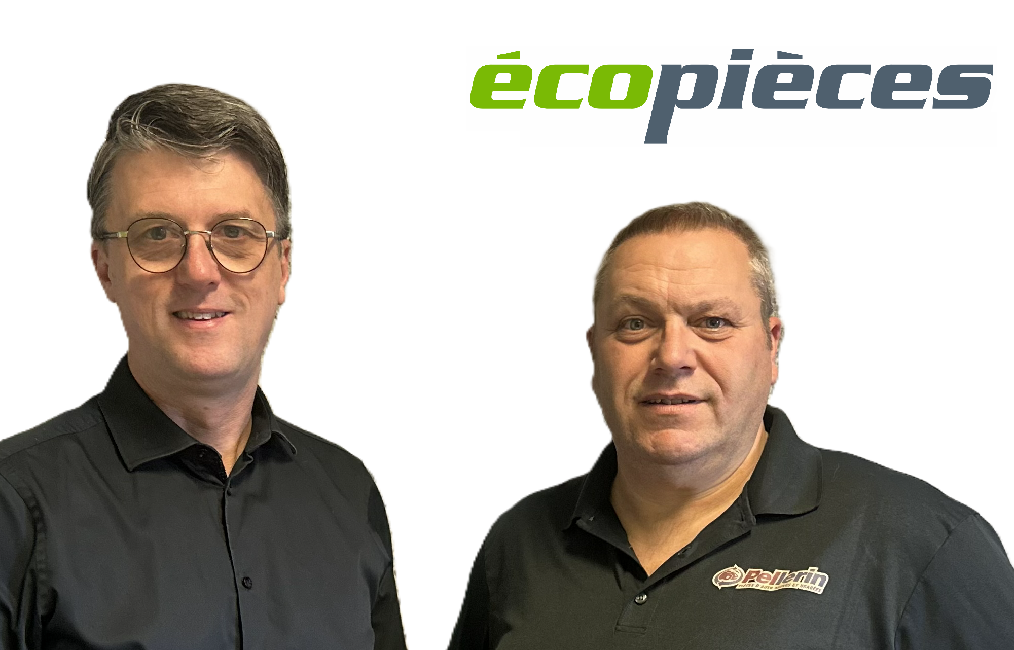 Two professional men posing for a corporate portrait with écopieces logo displayed above