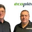 Two professional men posing for a corporate portrait with écopieces logo displayed above