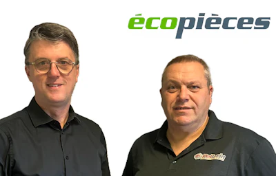 Two professional men posing for a corporate portrait with écopieces logo displayed above