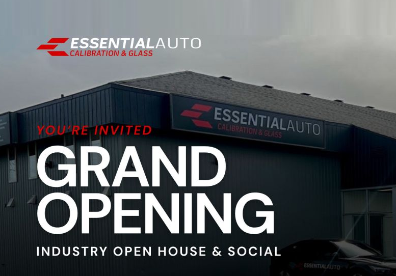 Essential Auto Calibration & Glass grand opening event announcement with storefront building and promotional signage