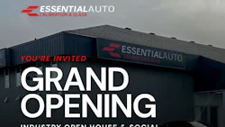 Essential Auto Calibration & Glass grand opening event announcement with storefront building and promotional signage