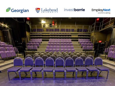 Empty auditorium with purple theater seats arranged in tiered rows on a beige stage floor