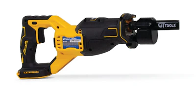 GTOOLS cordless reciprocating saw with yellow and black design and battery attachment