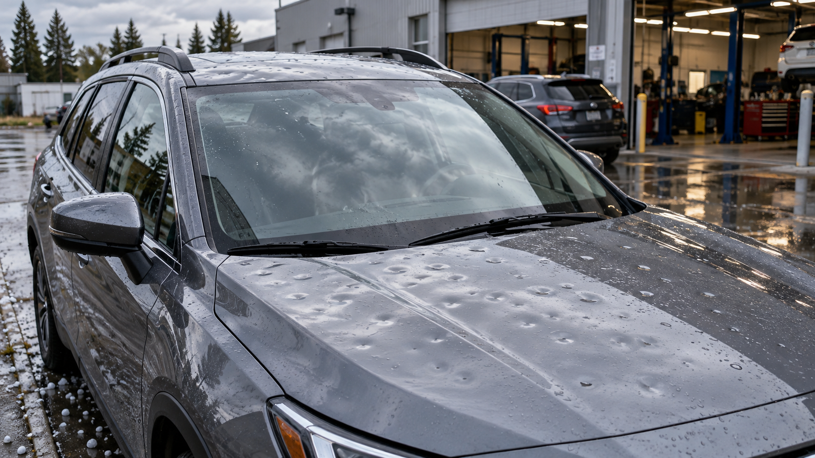 Silver SUV with water droplets parked at auto service facility with garage bays visible