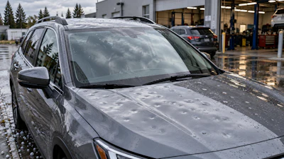Silver SUV with water droplets parked at auto service facility with garage bays visible