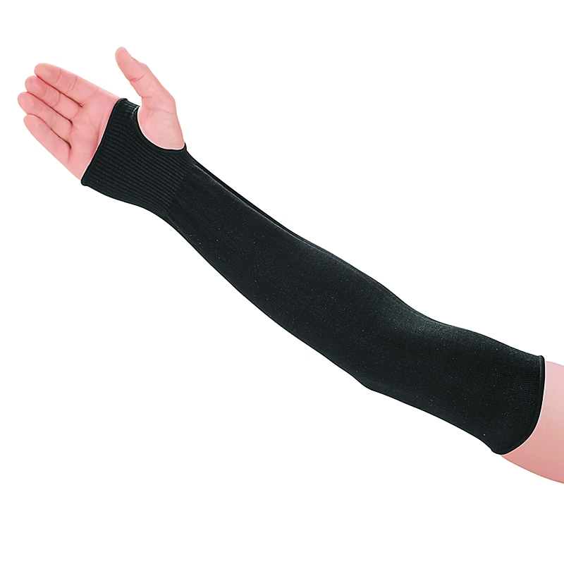 Black compression arm sleeve worn on extended arm against white background