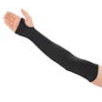 Black compression arm sleeve worn on extended arm against white background