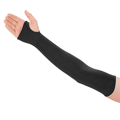 Black compression arm sleeve worn on extended arm against white background