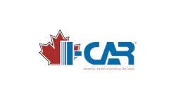 CAR logo featuring red maple leaf symbol with blue geometric letterforms and licensing text