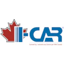 CAR logo featuring red maple leaf symbol with blue geometric letterforms and licensing text