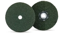 Two dark green abrasive grinding discs with center mounting holes for industrial use