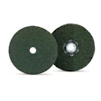 Two dark green abrasive grinding discs with center mounting holes for industrial use
