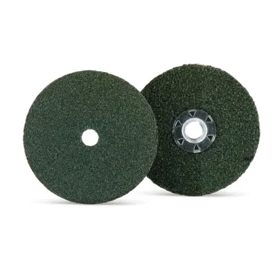 Two dark green abrasive grinding discs with center mounting holes for industrial use