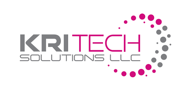 KRI TECH Solutions LLC logo with magenta text and gray spiral dot pattern