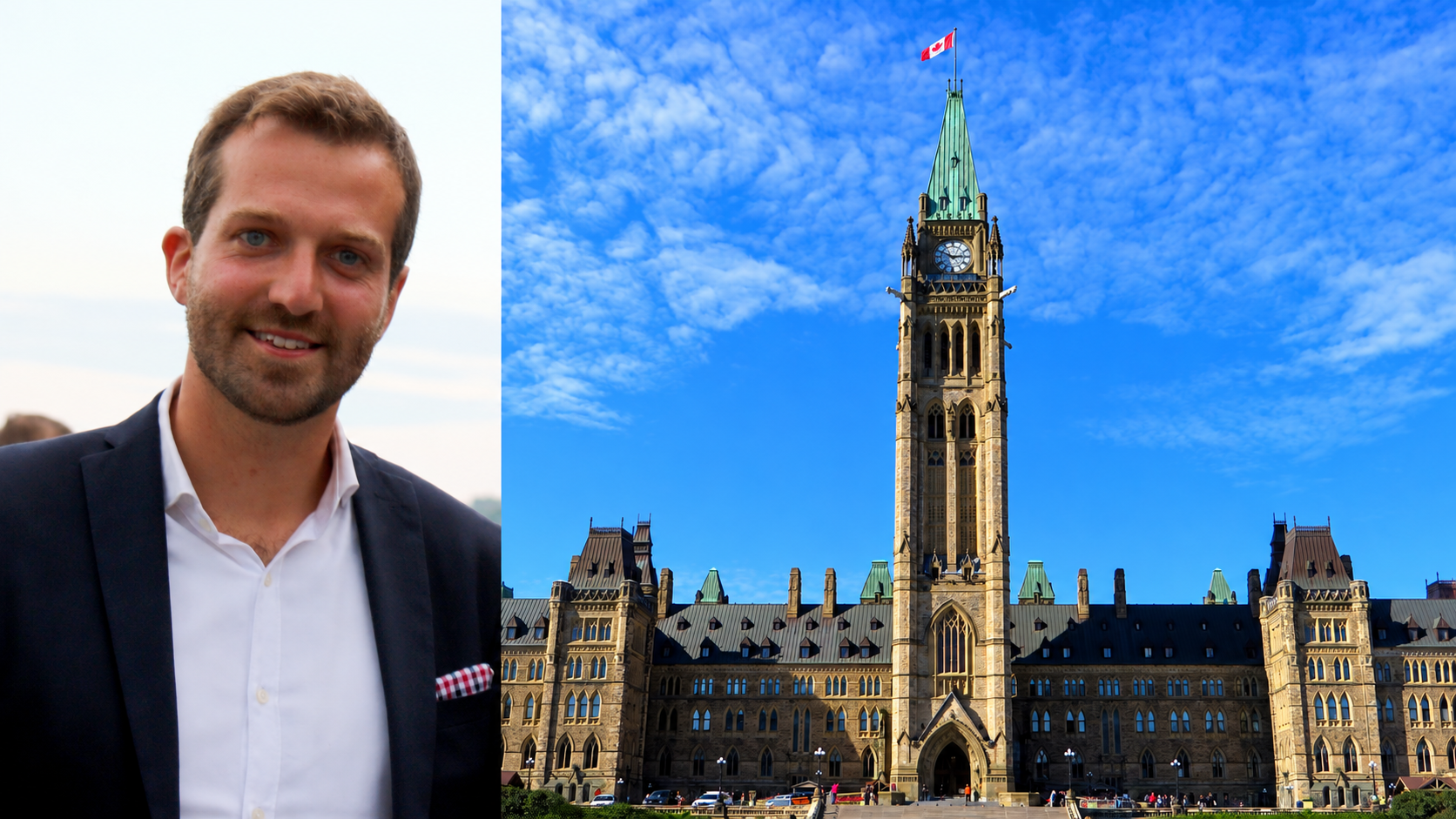 Professional man in business attire beside Parliament of Canada's Centre Block under blue sky