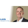 LKQ logo with tagline 'Keeping you moving' and professional headshot of male executive