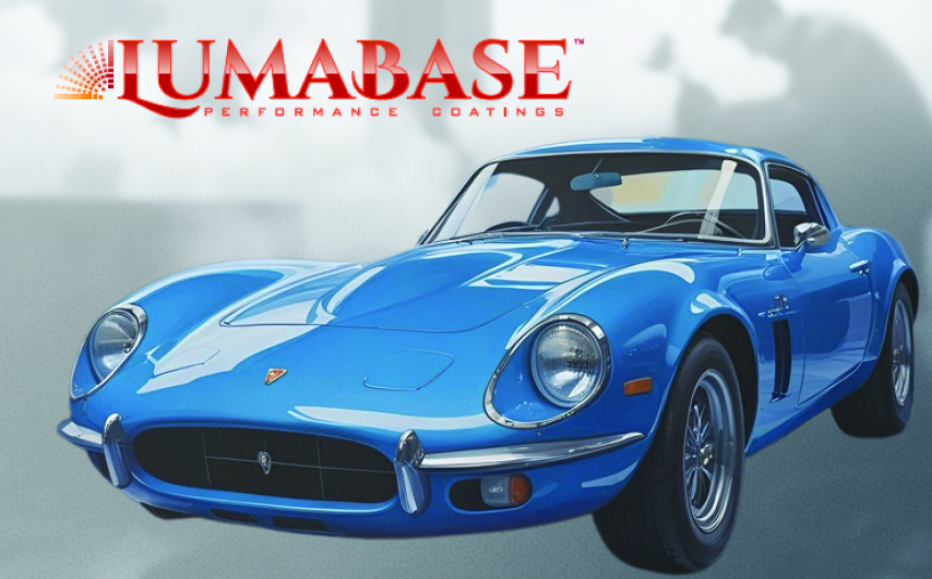 Blue vintage Ferrari sports car with Iumabase Performance Coatings logo