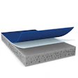 Cross-section diagram of layered composite material showing blue outer shell, white middle layer, and perforated foam base