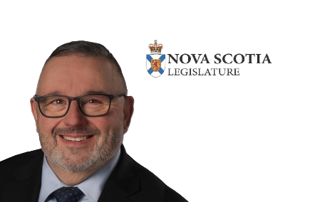 Professional headshot of a man wearing glasses and dark suit with Nova Scotia Legislature logo