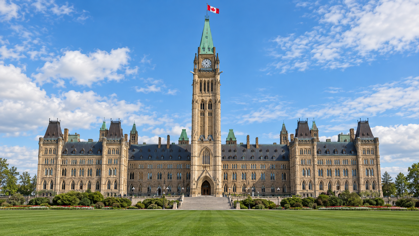 Parliament of Canada Centre Block with copper roof and clock tower under blue sky with clouds